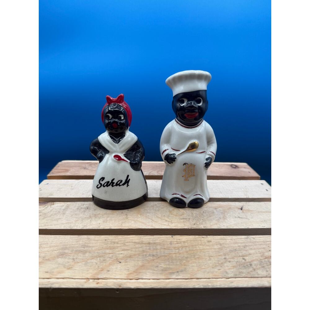 Vintage Ceramic Chef & "Sarah" Salt/ Pepper Shakers Set-Gold Trim/Cork Stoppers